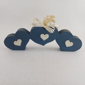 Vintage Wooden Heart Trio Country Blue Candle Holder Granny Decor Farmhouse